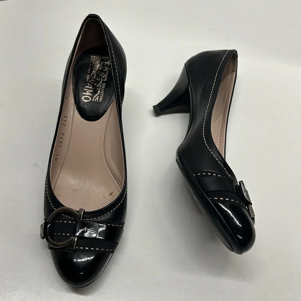 Salvatore Ferragamo Heels Low Heel Pump Shoes Ganici Bit Black Silver Size 6 B